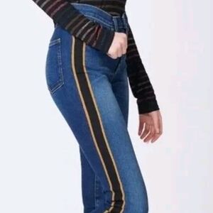 Veronica Beard Debbie Skinny Blue Jeans with Gold Stripe Raw Frayed Hem Sz 28